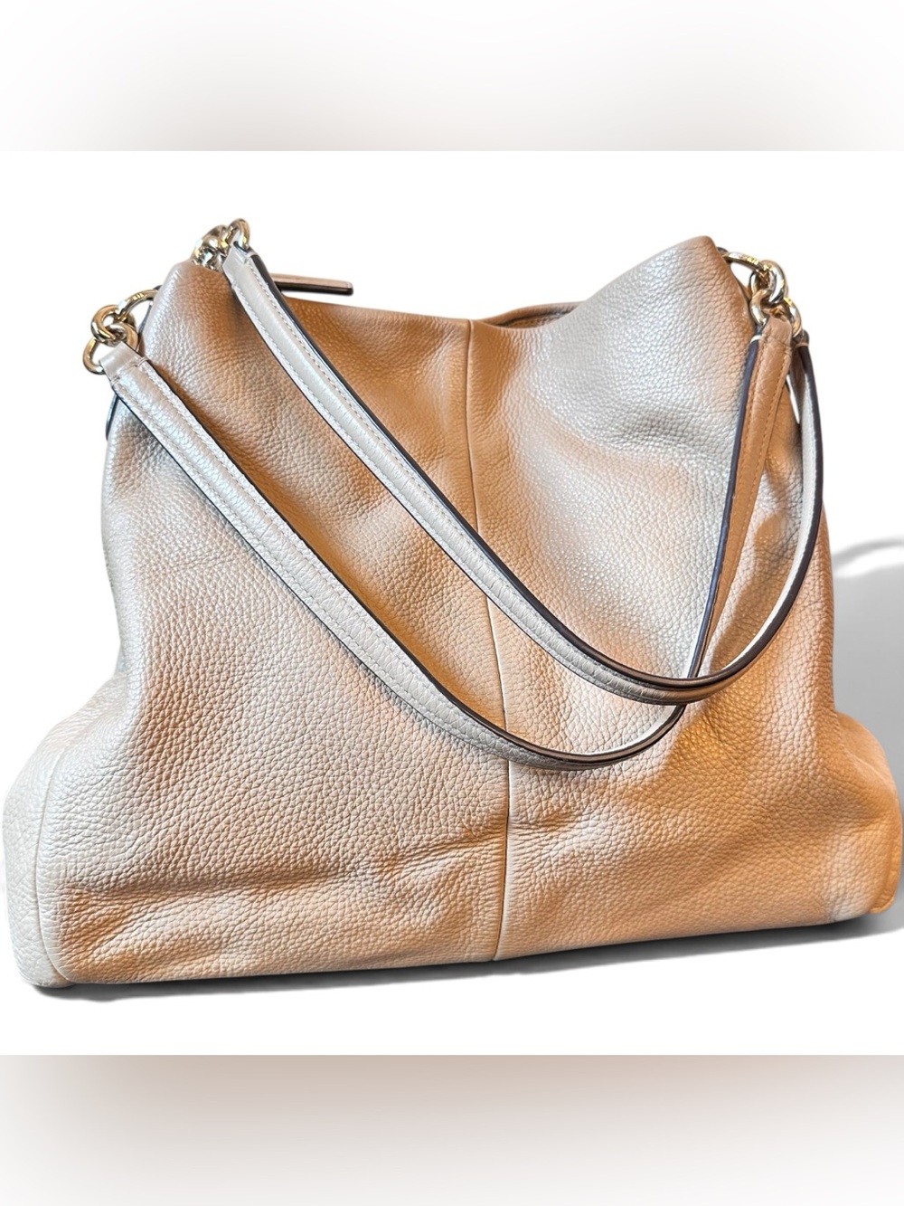 Coach Madison Phoebe Shoulder Bag Beige Pebble Leather Triple Compartment